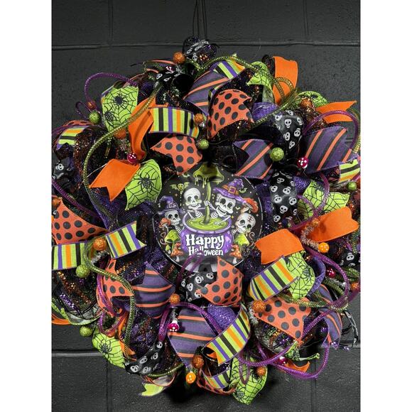 Handmade Halloween Skeleton Wreath – Bright Deco Mesh Door Decor - Picture 6 of 7